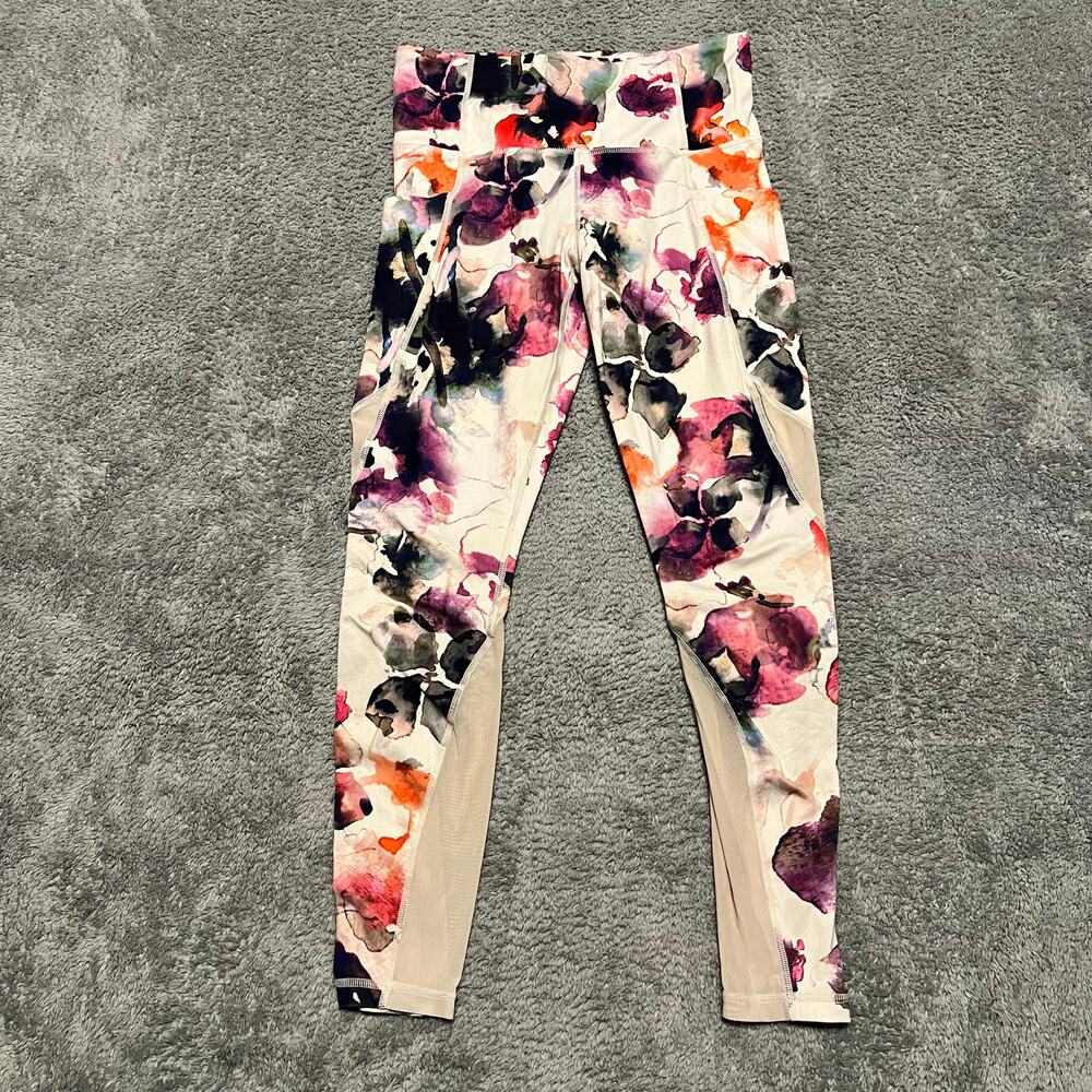 Athleta Leggings Womens Small Floral Mudra Mesh Panel Workout Yoga Watercolor